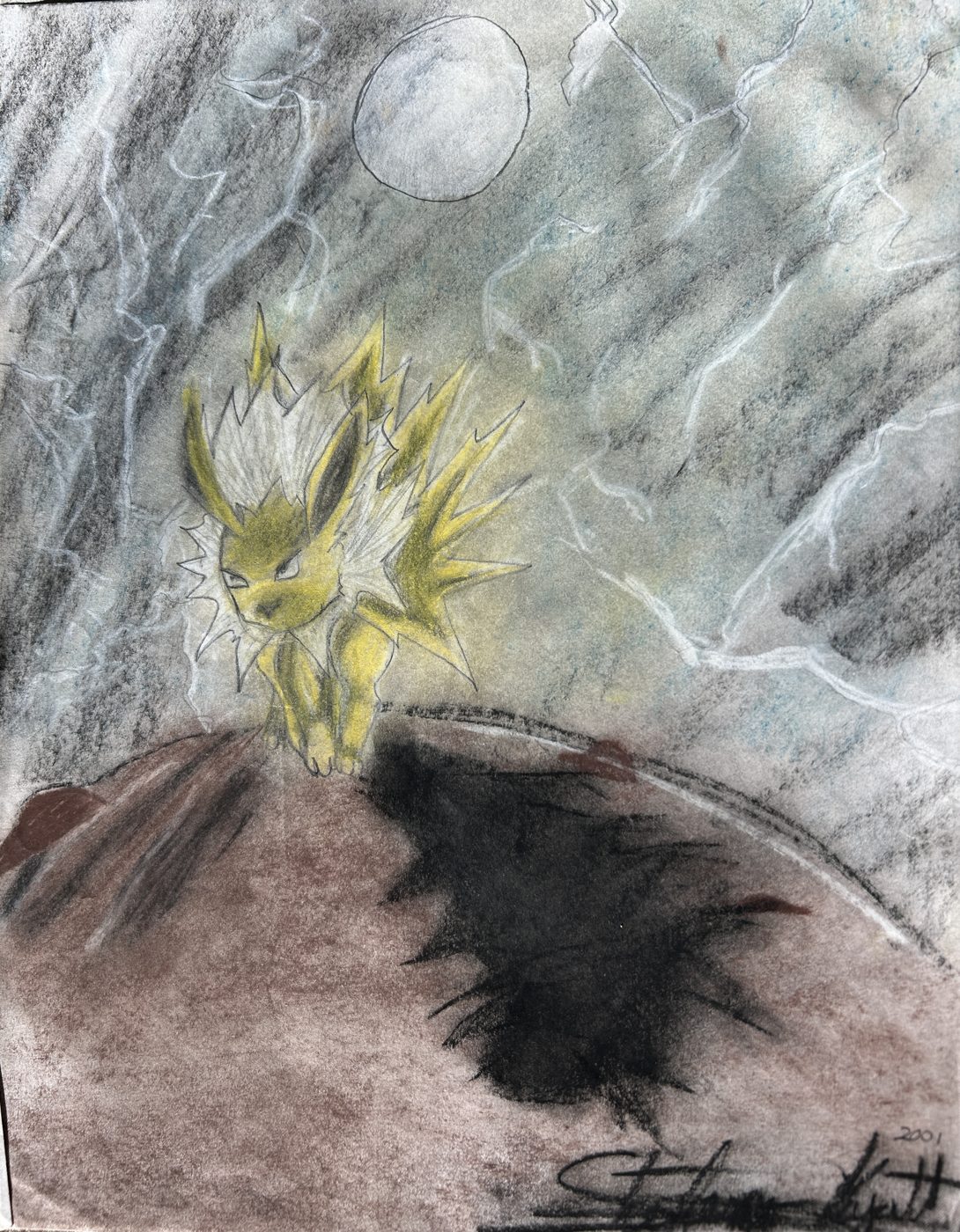 Jolteon drawn in colored pencil and pastel under a stormy sky