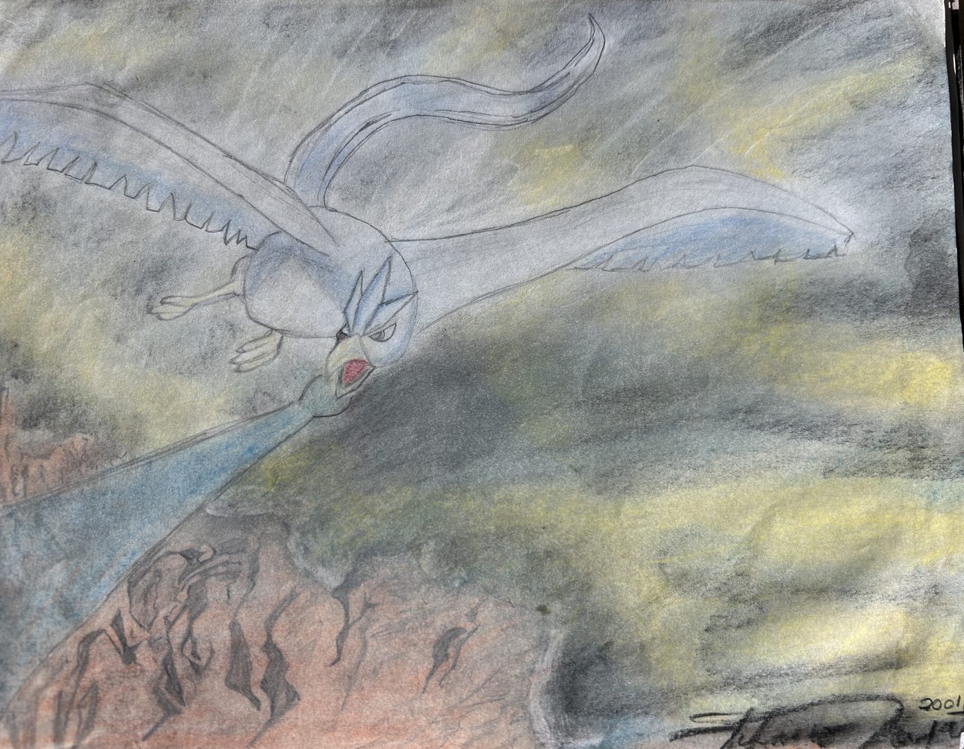 Articuno flying over cliffs, colored pencil and pastel