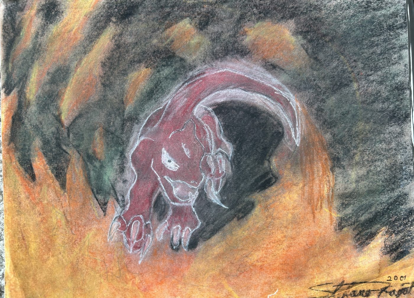 Charmeleon in a fiery cave, pastel