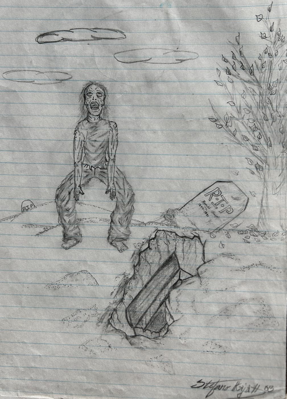 A zombie risen from an open grave beside a tombstone and autumn tree, pencil