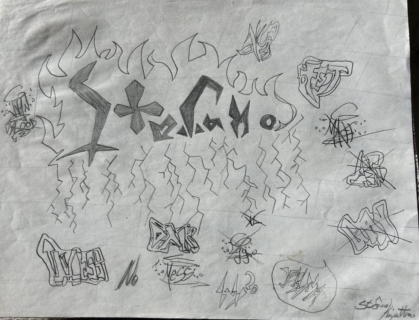 A graffiti-style ambigram surrounded by smaller tag sketches