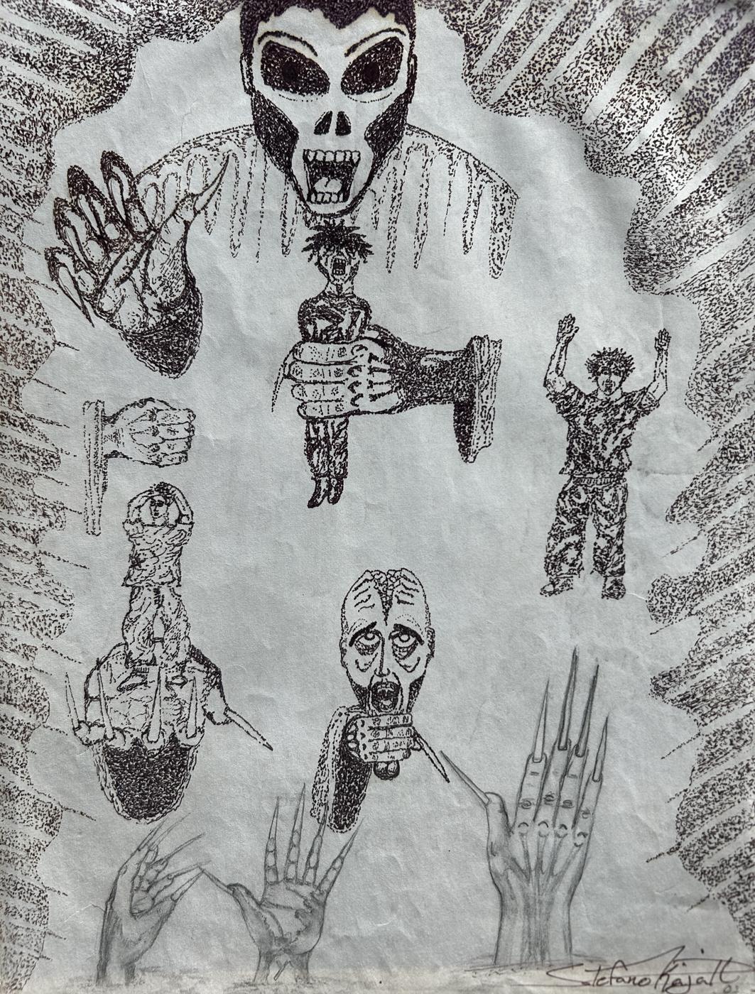Stippled ink drawing of hands gripping small screaming figures