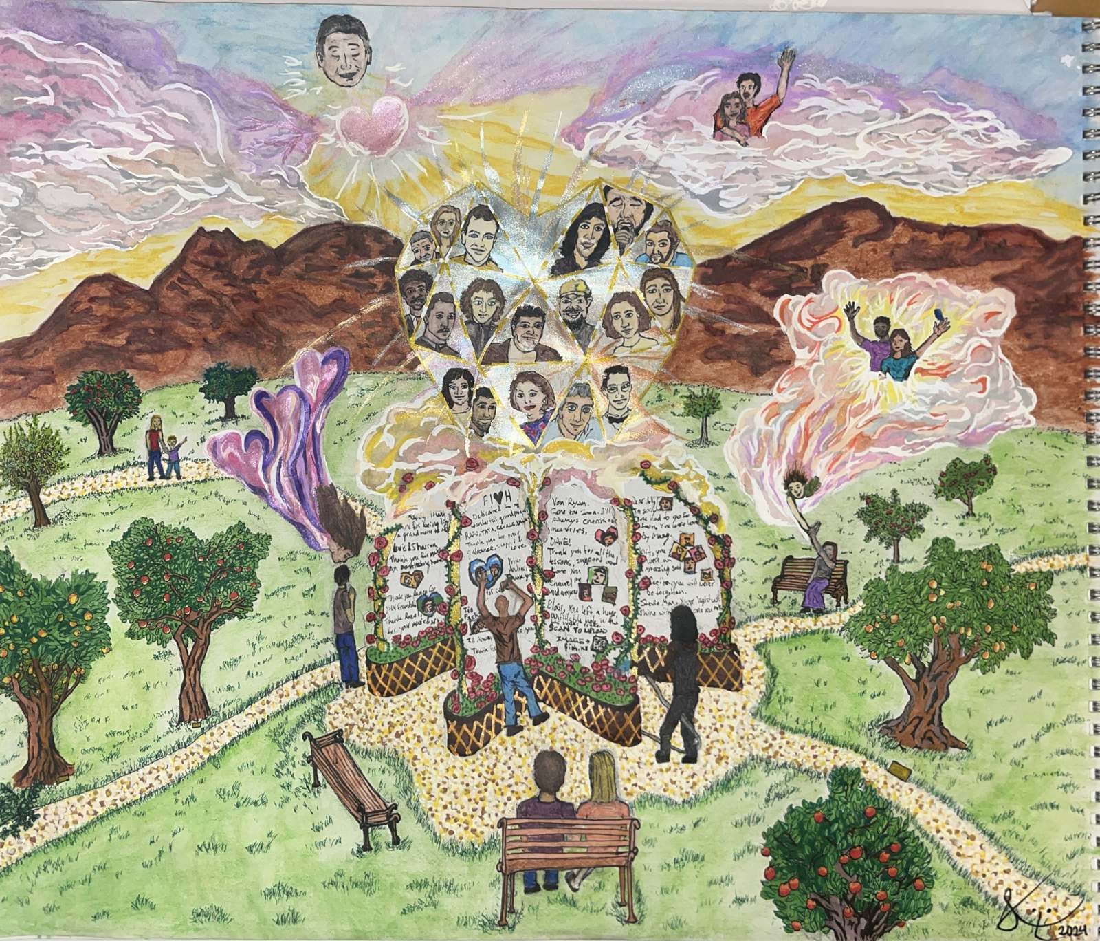 Visions of Loved Ones — painting of the FIOH vision: a faceted heart of portraits above a garden of tribute walls