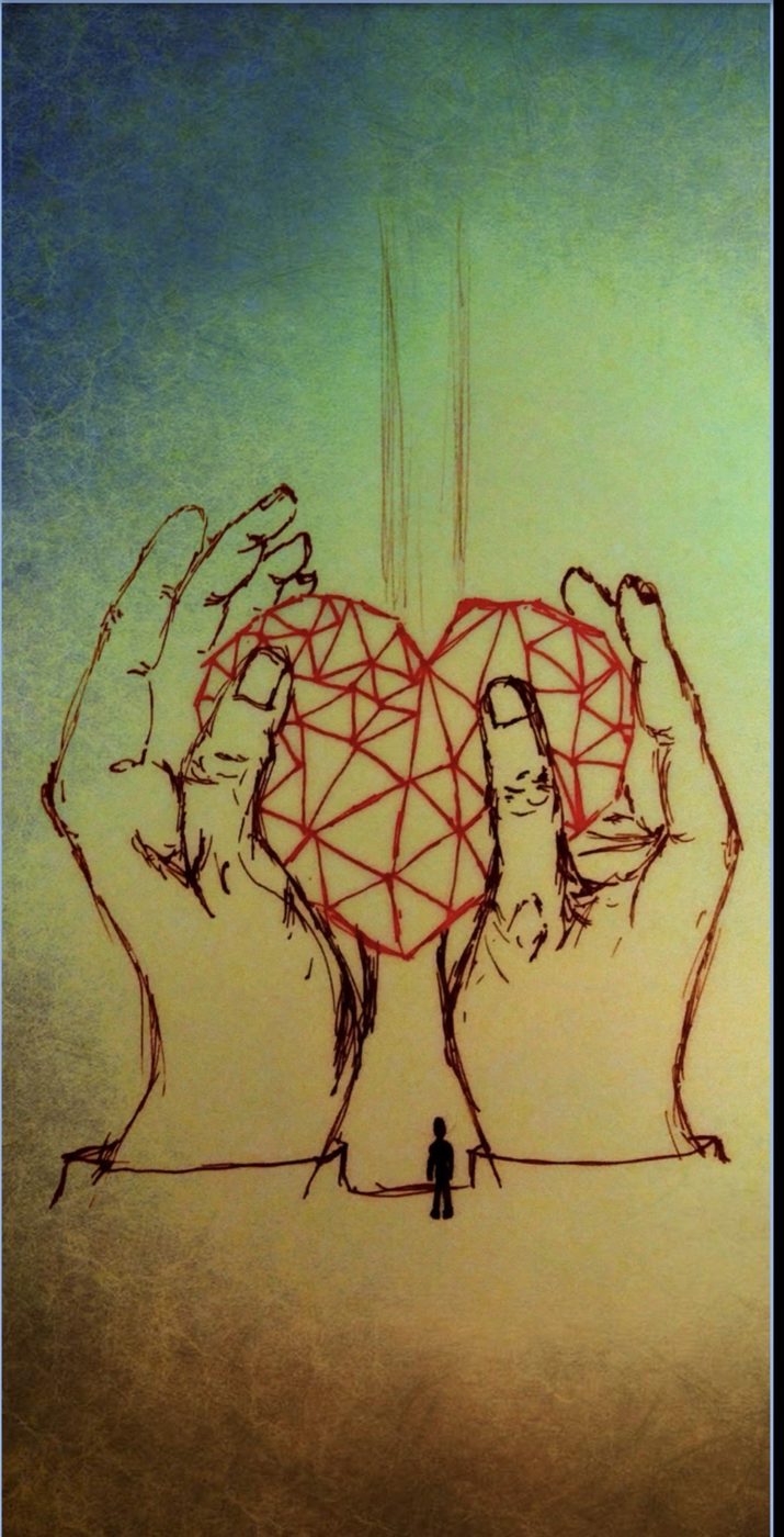 Ink sketch of cupped hands holding a faceted heart, a small figure standing beneath, faint beams rising from the crown