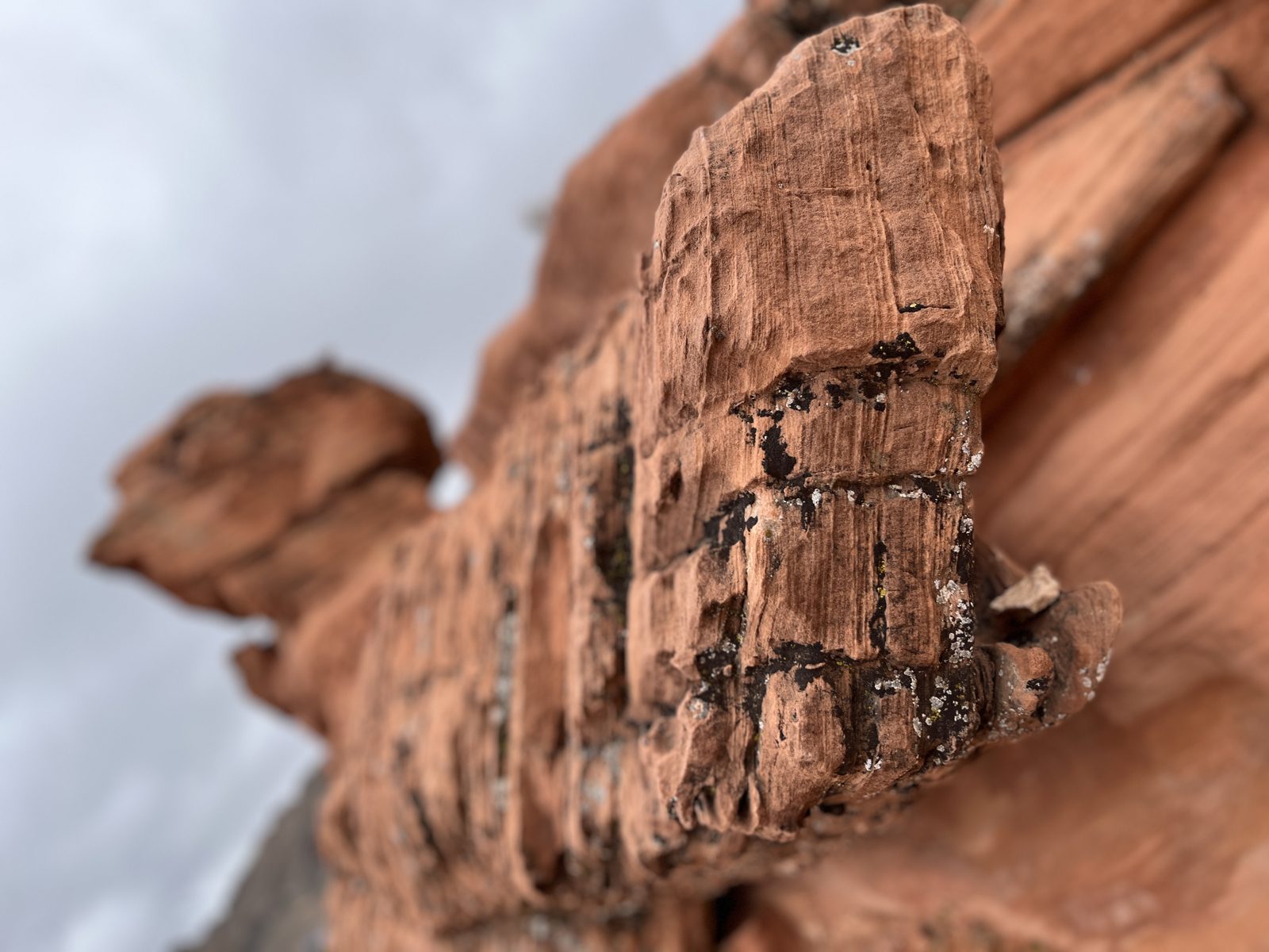 Layered red sandstone detail against an overcast sky